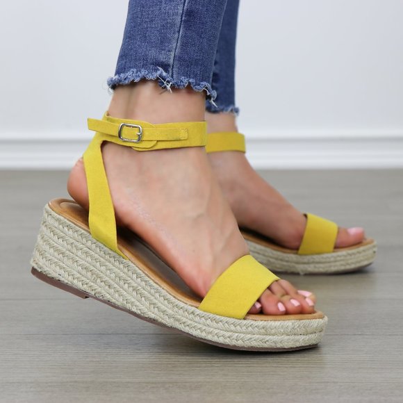 Yellow Open Toe Espadrille Wedge Sandals - Picture 5 of 8